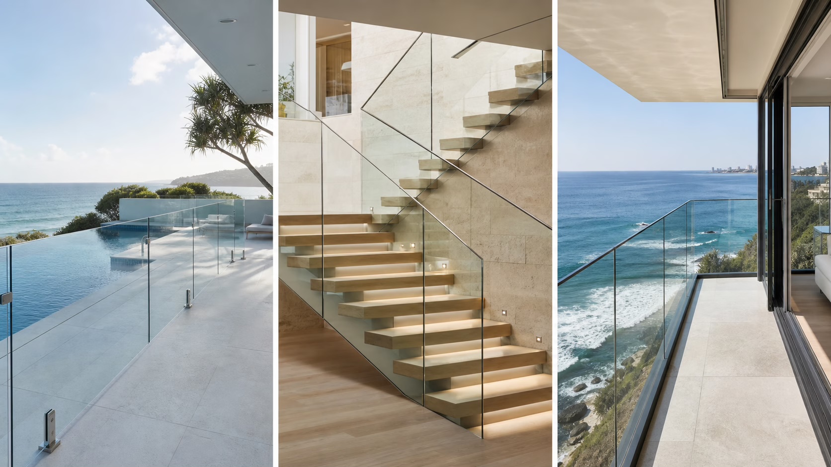 Pool, stair and balcony glass railing applications