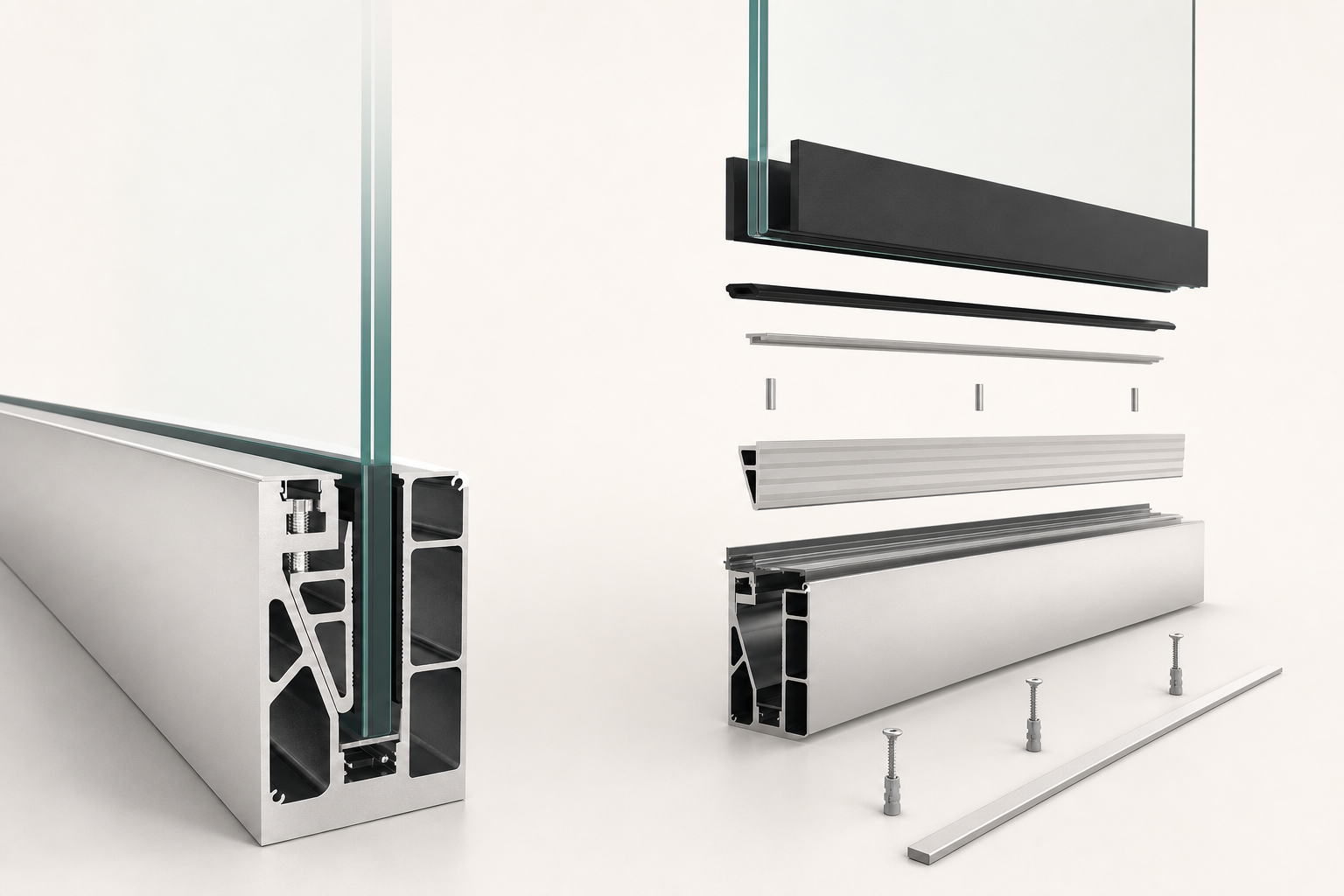 Adjustable 80 by 110 millimetre base shoe cross-section and exploded glass railing assembly