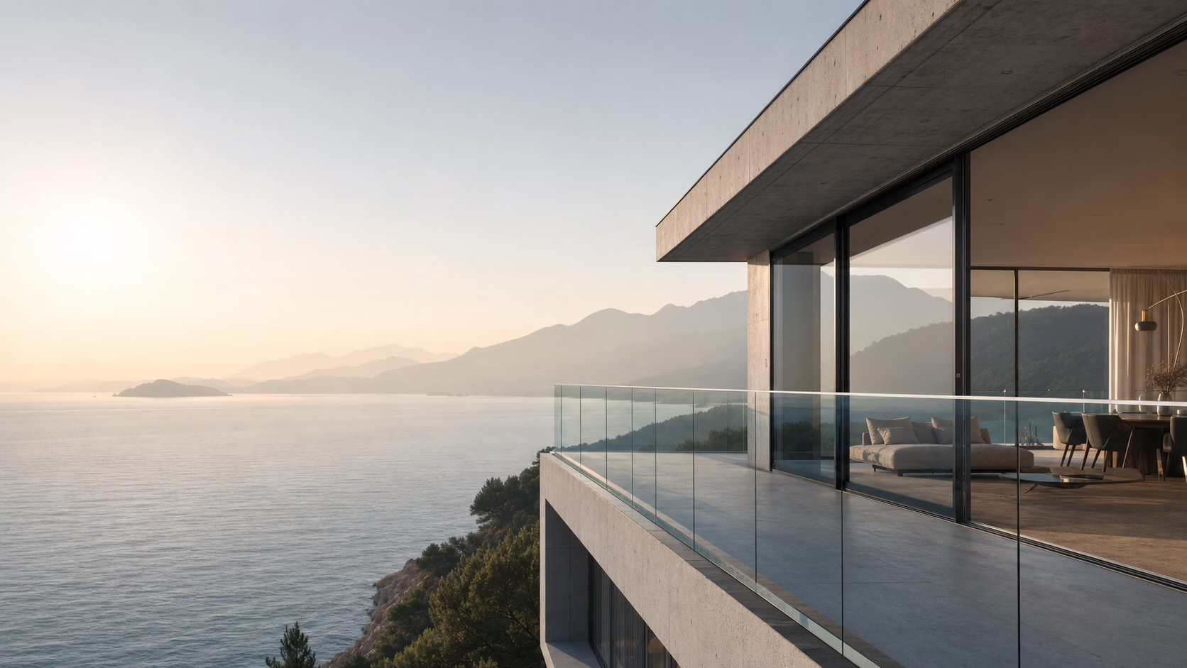 Ultra-clear frameless glass railing on a coastal modern home