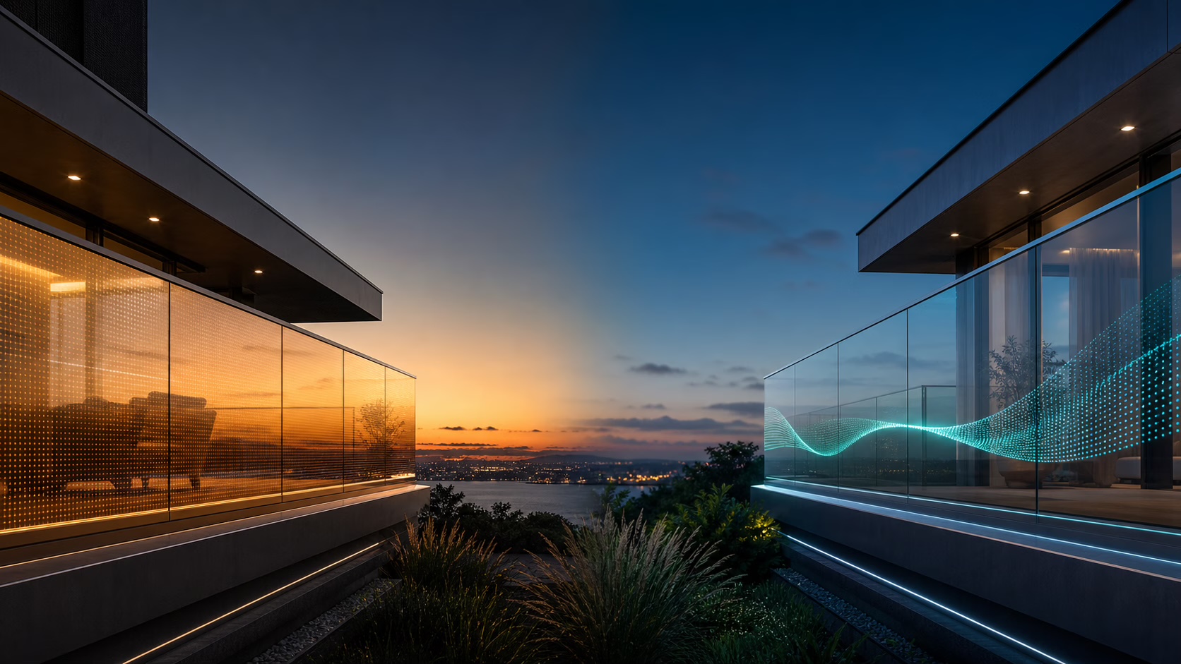 BIPV solar glass and transparent LED media glass railing concept